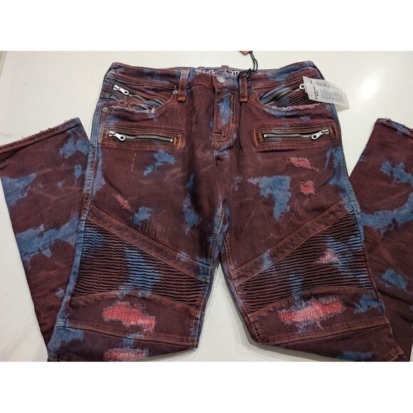 Rock Revival Moto Elroy Biker Distressed Jeans Acid Wash Red Blue Mens Size 38 - Picture 2 of 12